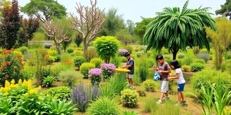 Peisaj natural cu copii plantând flori și colectând deșeuri.