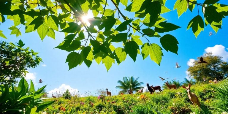 Peisaj natural cu verdeață, cer albastru și animale.