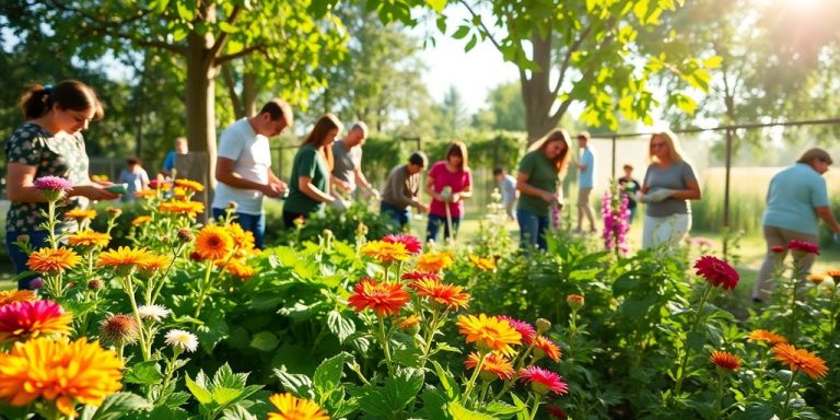 Grădină comunitară cu oameni lucrând împreună.