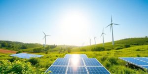 Peisaj verde cu turbine eoliene și panouri solare.