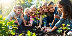 Mediu Online 36 Copii diversificați plantează un copac tânăr în curtea școlii.