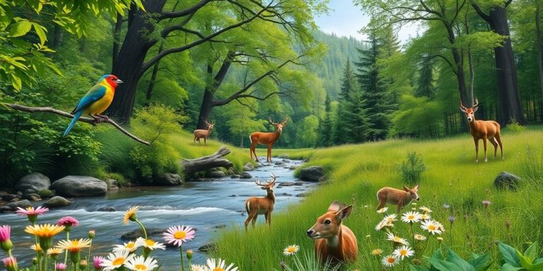 Animale și plante sălbatice într-un peisaj natural luxuriant.