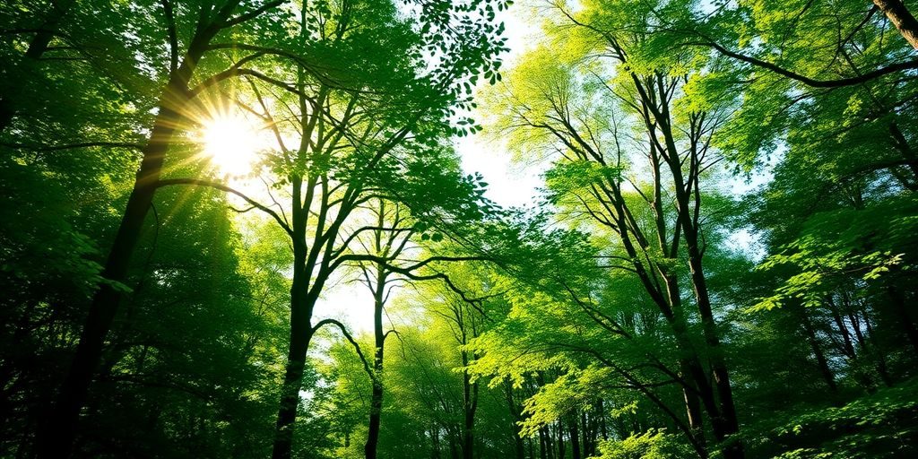 Pădure luxuriantă cu soarele strălucind printre copaci.