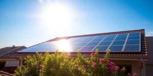 Panouri solare pe acoperiș de casă sub cer senin însorit