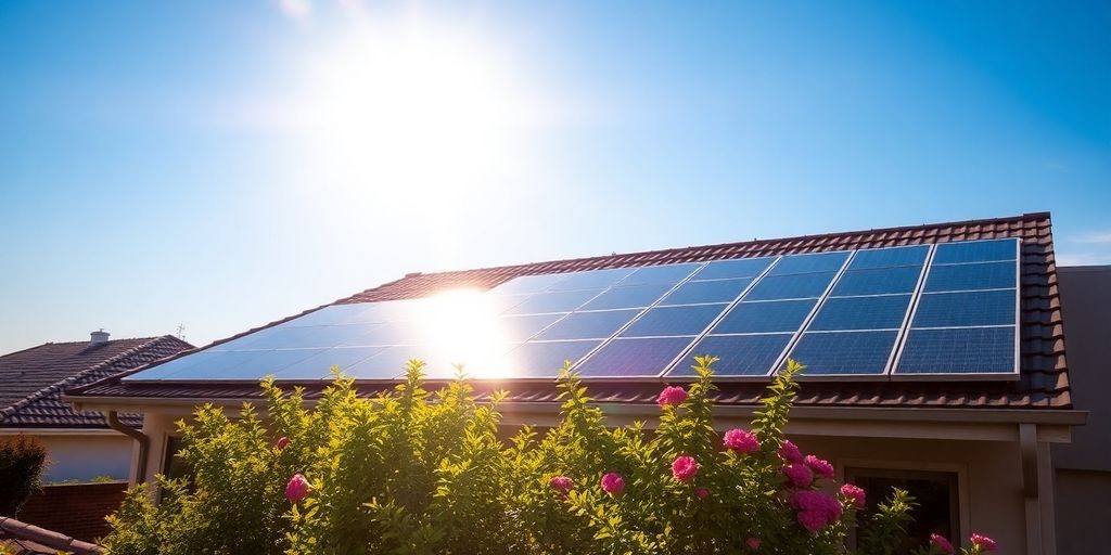 Panouri solare pe acoperiș de casă sub cer senin însorit