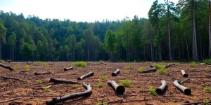 Pădure tăiată, copaci căzuți, peisaj arid.