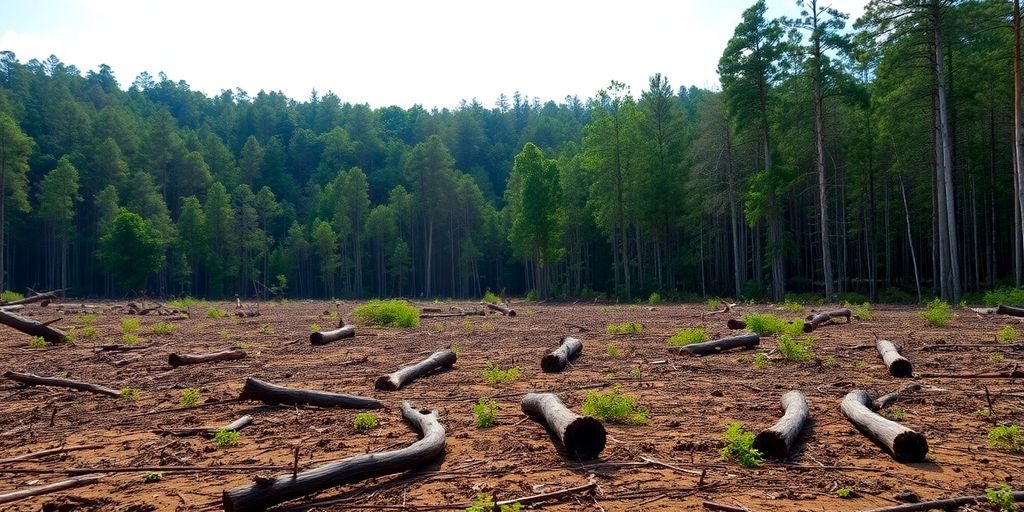 Pădure tăiată, copaci căzuți, peisaj arid.