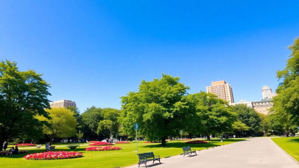 Parc urban verde cu oameni relaxându-se pe bănci.