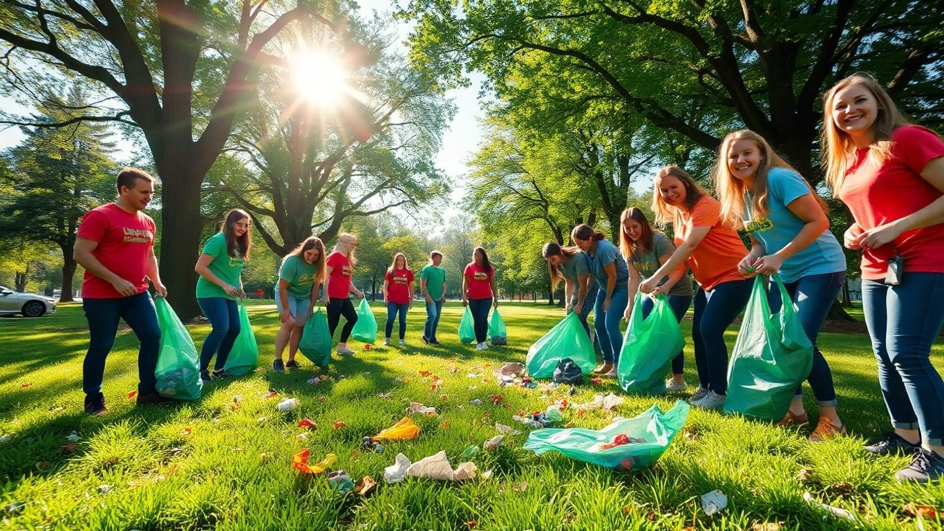 Voluntari curățând un parc verde din România.