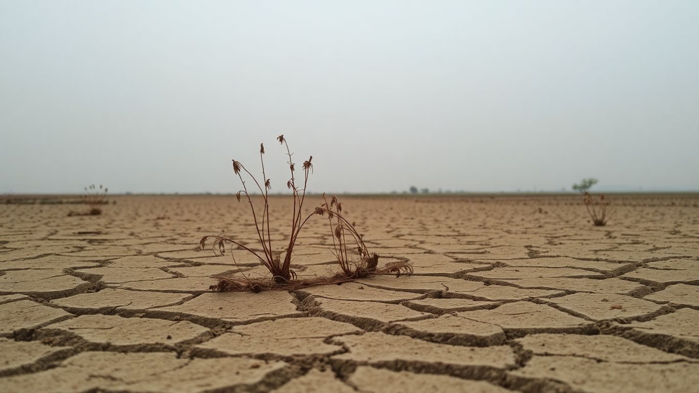 Sol degradat, pământ crăpat, vegetație uscată, cer poluat.