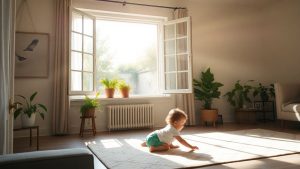 Familie relaxată într-o casă curată și luminoasă.